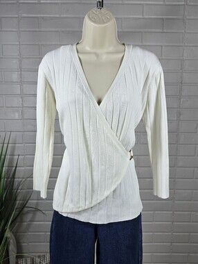 Amy Byer California Ivory Ribbed Wrap V-Neck Top Size Large